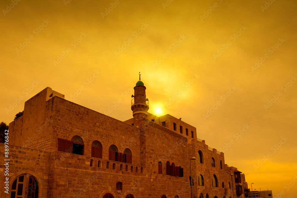 Golden sunset over old city Jaffa in Tel Aviv, Israel