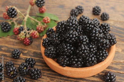 Frische Brombeeren in Tonschale auf altem Holz
