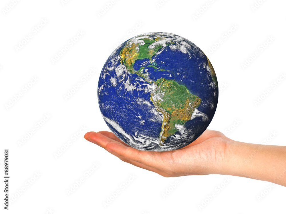Earth planet in female hand isolated on white Earth planet in female hand isolated on white