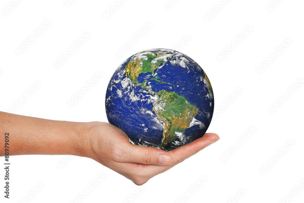 Earth planet in female hand isolated on white Earth planet in female hand isolated on white