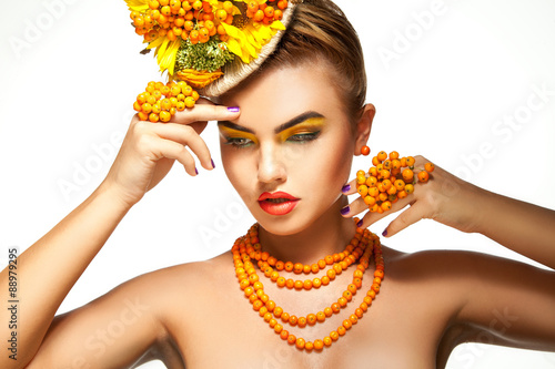 Horizontal portrait of young girl with beautiful makeup and rowa