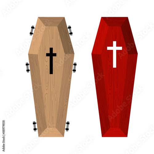 Set of coffins. Red beautiful expensive coffin and a wooden coff