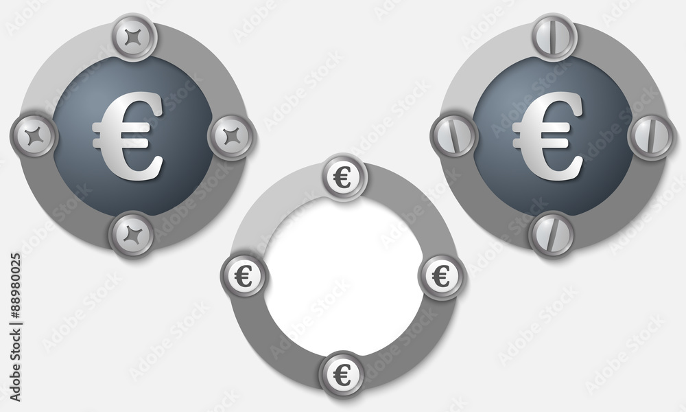 Set of three abstract icons with screws and euro symbol Set of three abstract icons with screws and euro symbol