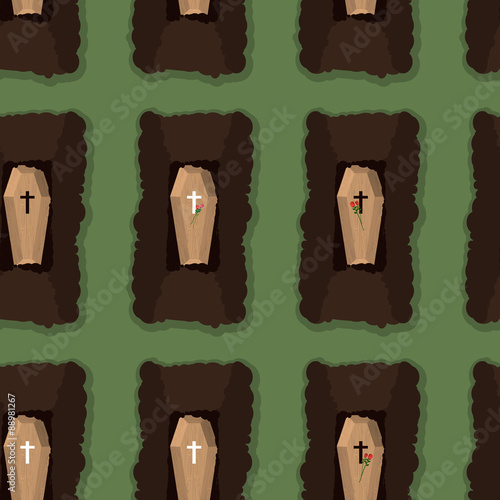 Top view of cemetery. seamless pattern coffins. Vector illustrat