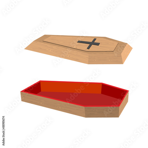 Open coffin on a white background. Lid of a coffin with a cross.