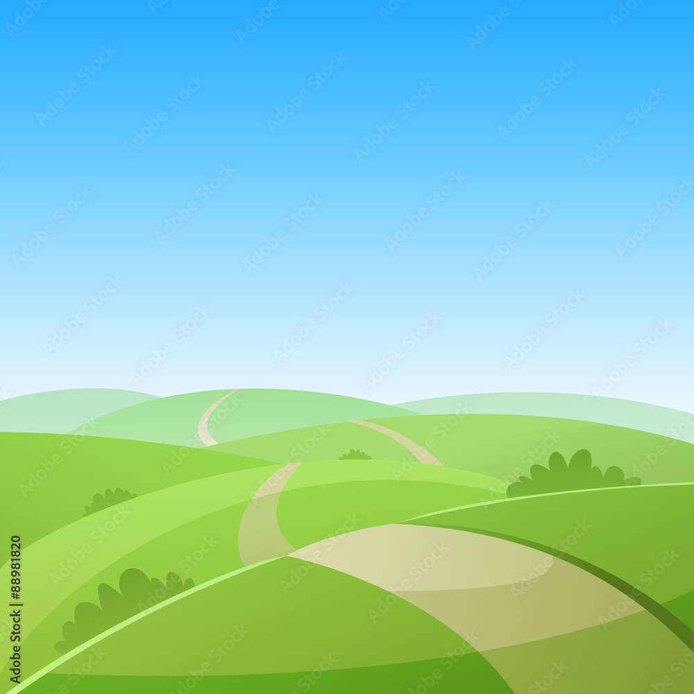 The cartoon illustration of the summer landscape with country road.
