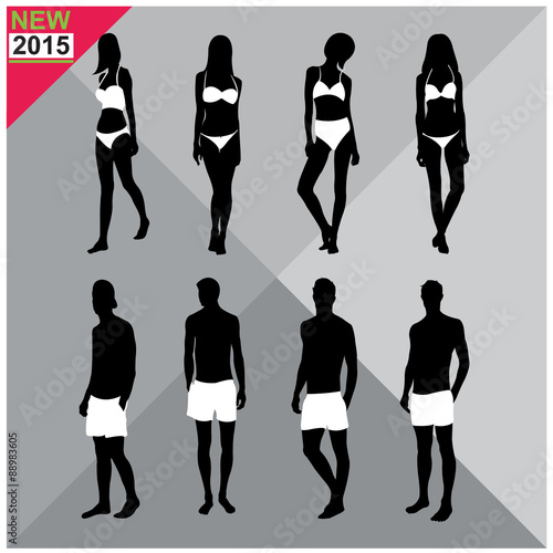 Beachwear / Swimwear swimsuits summer attire women men black silhouettes with white cloths on top,totally editable,set,collection
