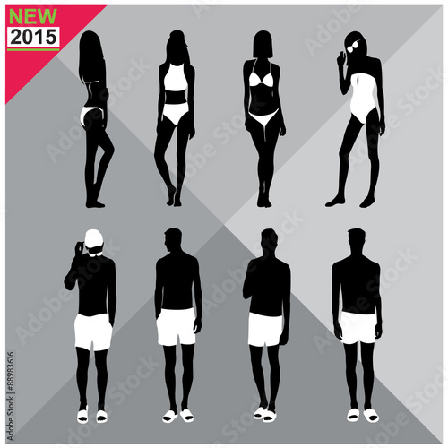 Beachwear / Swimwear swimsuits summer attire women men black silhouettes with white cloths on top,totally editable,set,collection