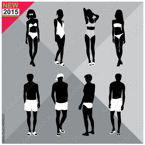 Beachwear / Swimwear swimsuits summer attire women men black silhouettes with white cloths on top,totally editable,set,collection
