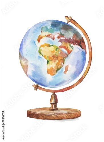 Hand drawn watercolor globe, vector illustration.