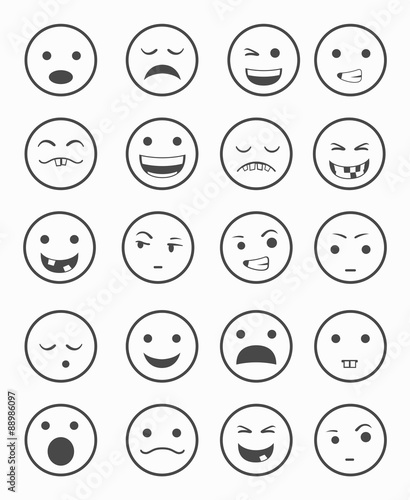 icons set 20 emotional smiles black and white