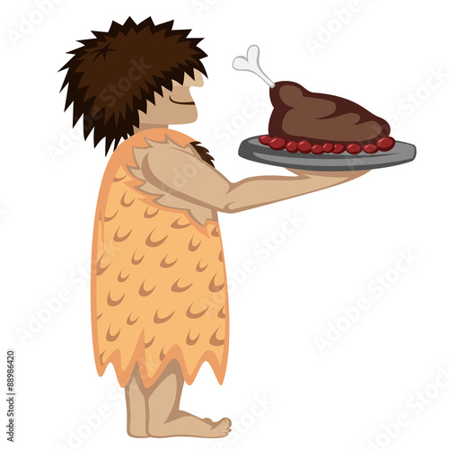 Prehistoric waiter with a tray and paleo food (cartoon style)