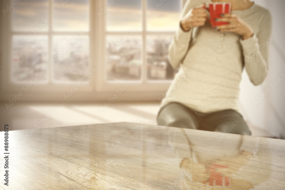 wooden desk space and woman with window sill wooden desk space and woman with window sill