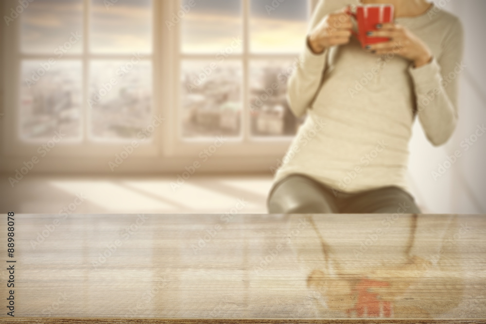 wooden desk space and woman with window sill wooden desk space and woman with window sill