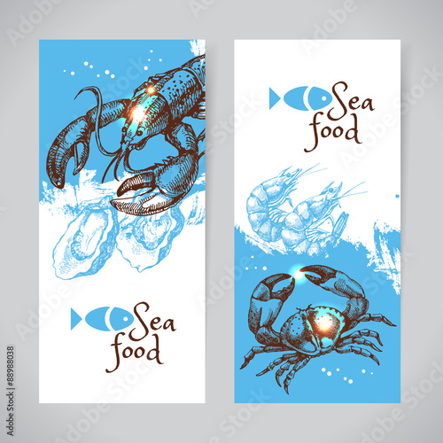 Hand drawn sketch seafood vector banners. Sea background set