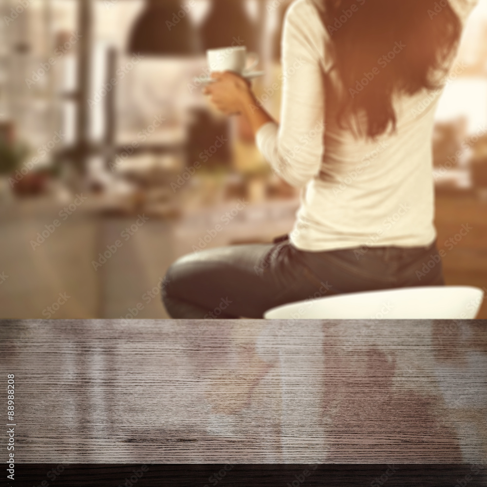 wooden desk space and woman with window sill wooden desk space and woman with window sill