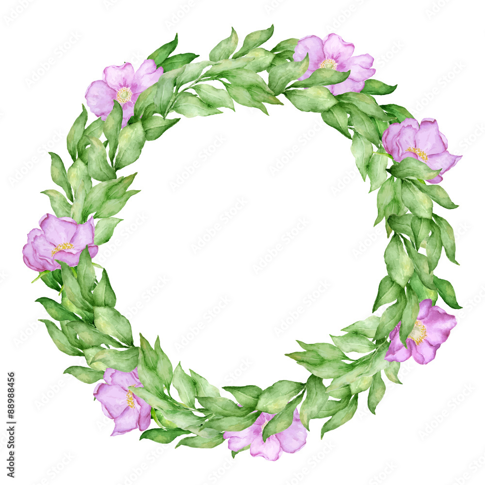 Vector bay leaves watercolor wreath with pink brier rose flowers. Template for wedding invitation and save the date cards.