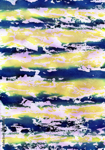 Blue and yellow striped grunge watercolor background. © koeva_anna