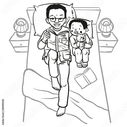 Funny cartoon father reading book for his child. vector illustra