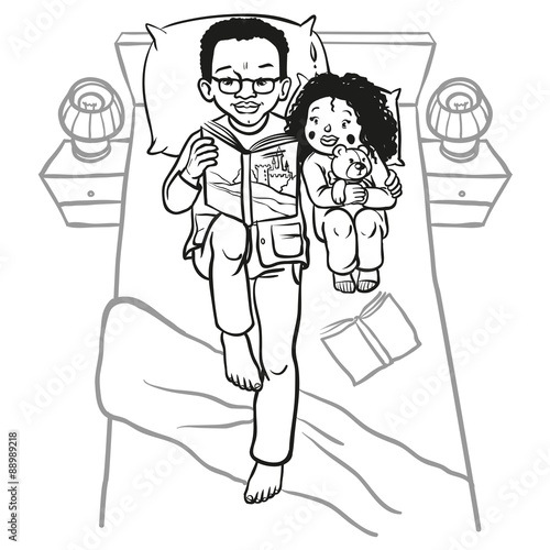 Funny cartoon father reading book for his child. vector illustra