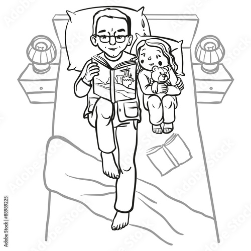 Funny cartoon father reading book for his child. vector illustra