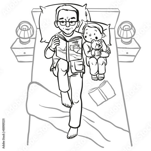 Funny cartoon father reading book for his child. vector illustra