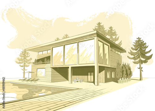 Vector sepia sketch of modern house with swimming pool