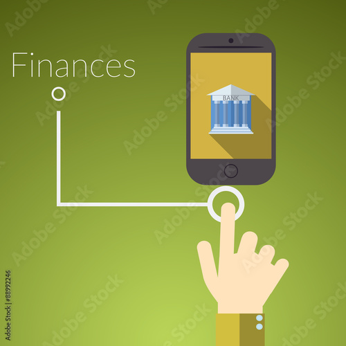 Flat design vector illustration concept for online services. Concepts for hand touching smart phones with bank, text sign finances