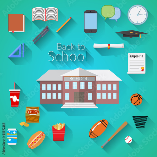 Back to School Flat design modern vector illustration, school building, pen, pensil, food, sport items, diploma and graduation cap icons with long shadow