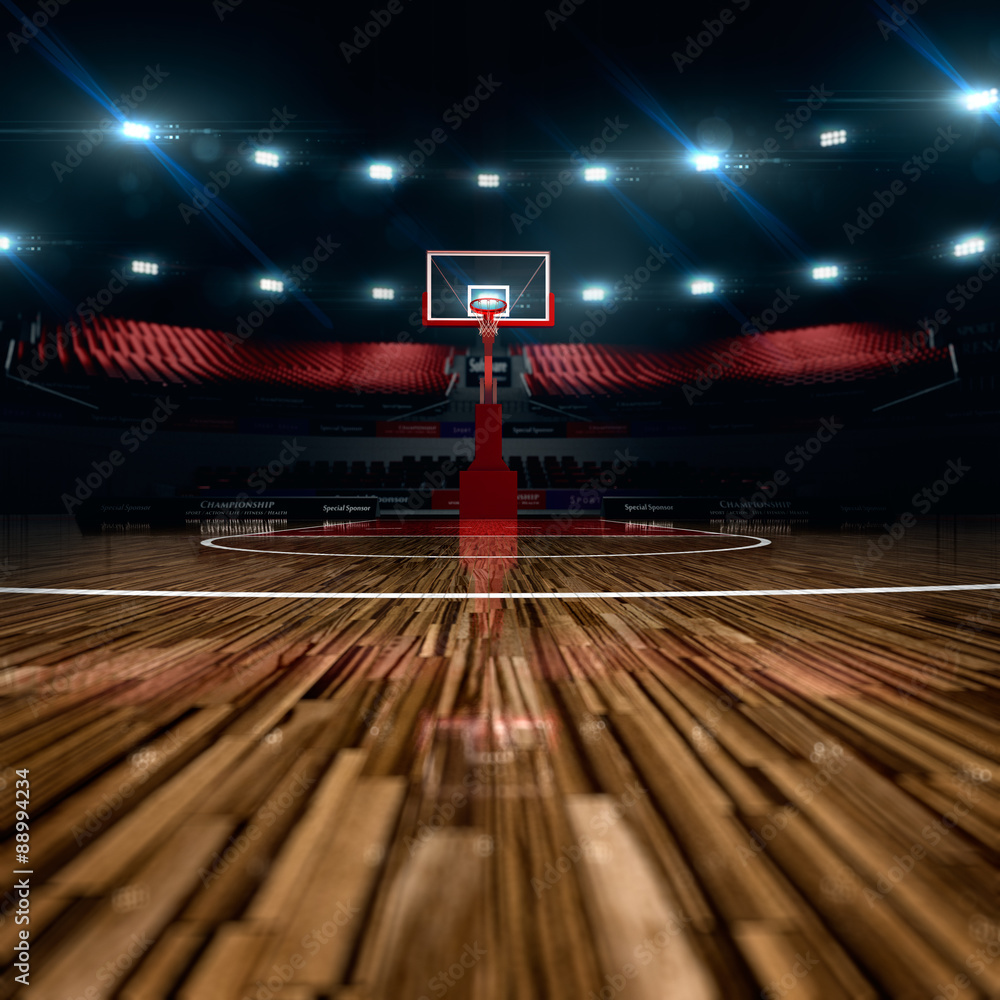 Basketball court. Sport arena. 3d render background. unfocus in long