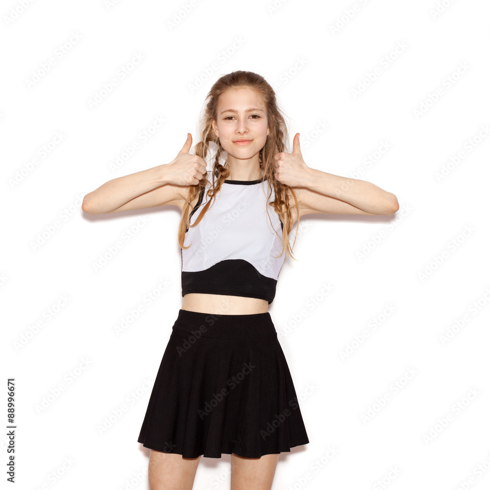Fashion girl hipster with pigtails in a black skirt Fashion girl hipster with pigtails in a black skirt