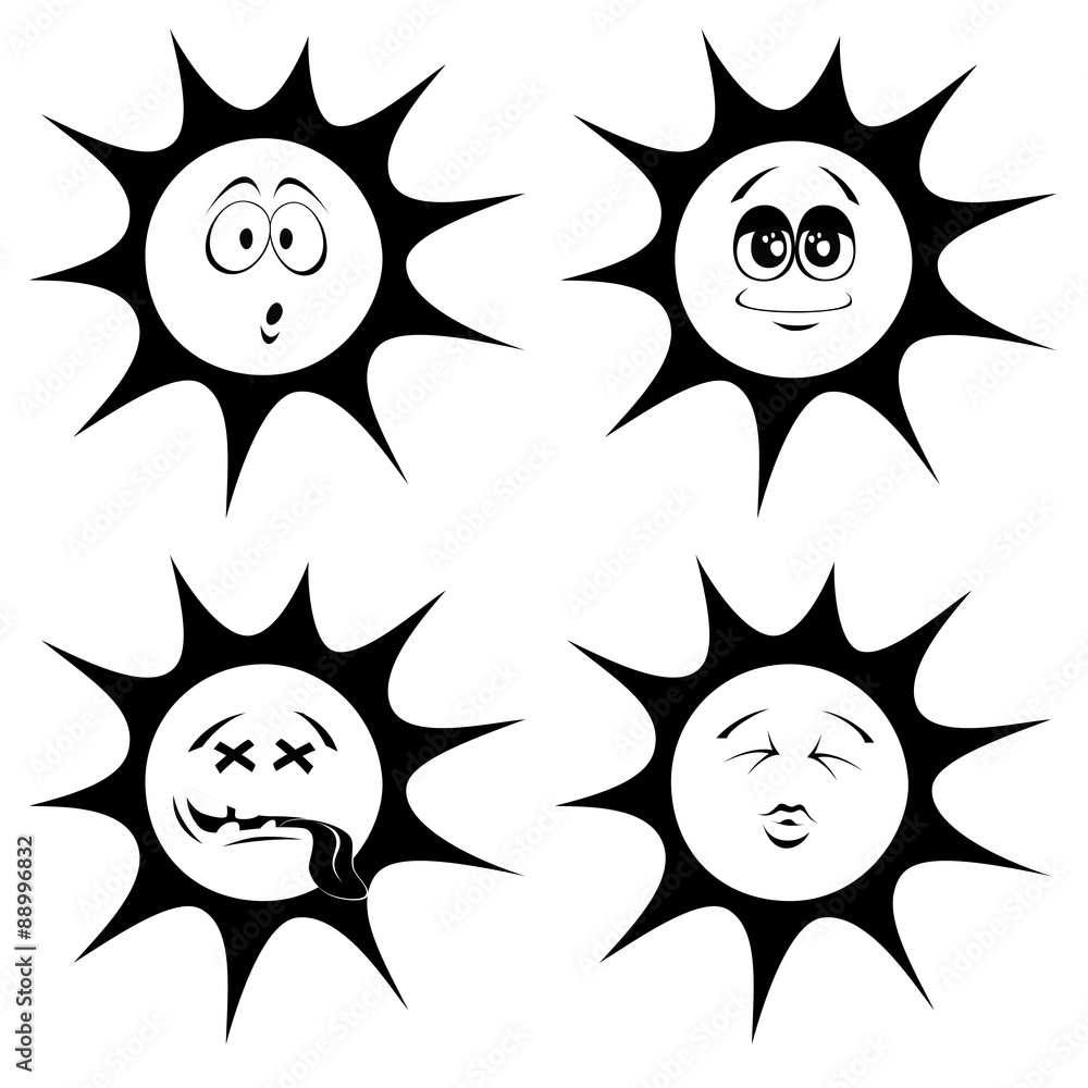 Collection of four black and white, cute sun character icons (emoticons) with different facial expression Collection of four black and white, cute sun character icons (emoticons) with different facial expression