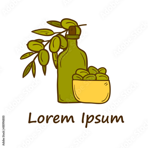 Vector concept with olive oil bottle and bowl of olives. You can
