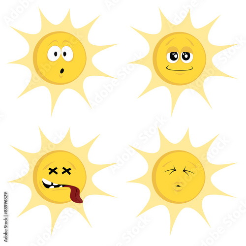 Collection of four colored, cute sun character icons (emoticons) with different facial expression