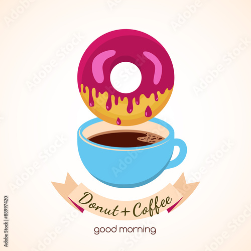 Vector illustration of coffee cup and donut with pink sweet crea