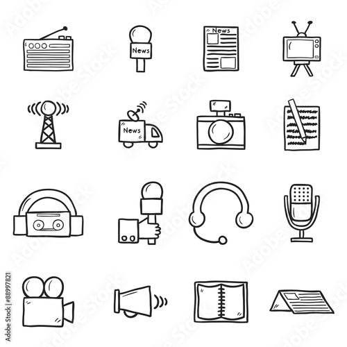 Set of objects in hand drawn catroon style on journalism theme