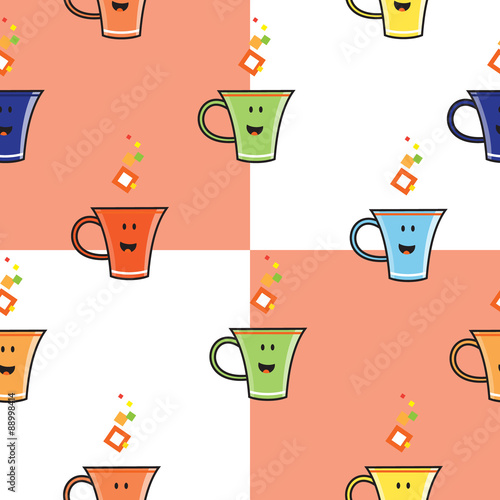 Vector seamless pattern with cute cartoon cups on a checkered background.