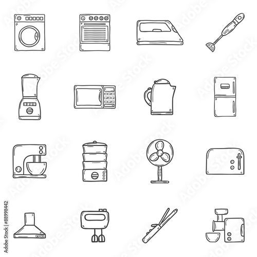 Set of objects in hand drawn cartoon outline style on home
