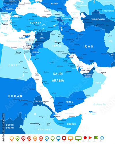 Middle East and Asia - map and navigation icons - illustration.