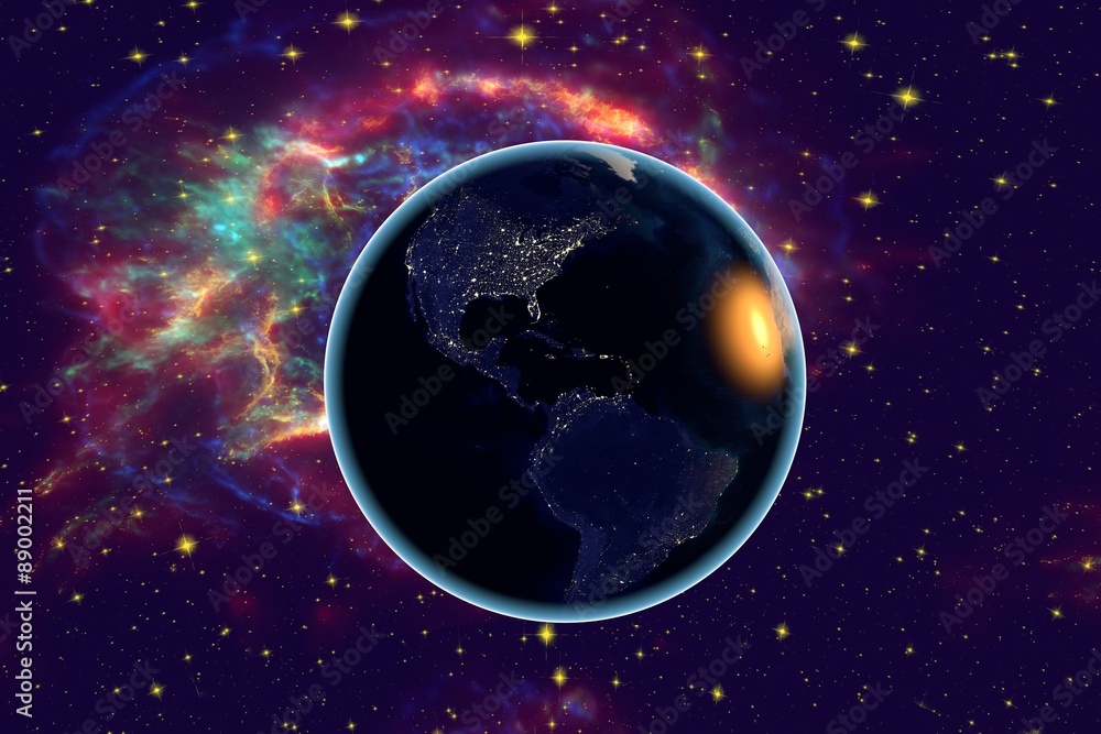 Fototapeta premium The Earth from space on the background with stars and galaxies showing North and South Americas, Central America, USA, Brazil on globe in the night time, elements of this image furnished by NASA