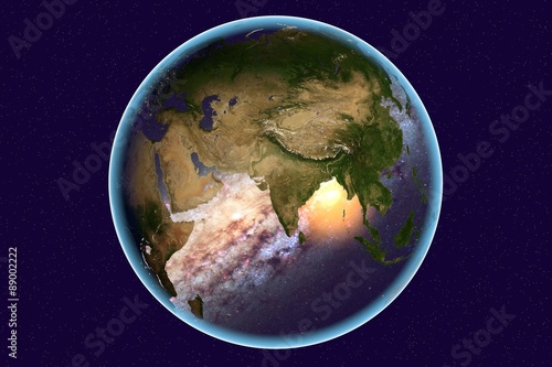 Fototapeta Naklejka Na Ścianę i Meble -  Planet Earth on background with stars, the Earth from space showing India, Arabian peninsula, Russia on globe in the day time, galaxies are reflected in water, elements of this image furnished by NASA