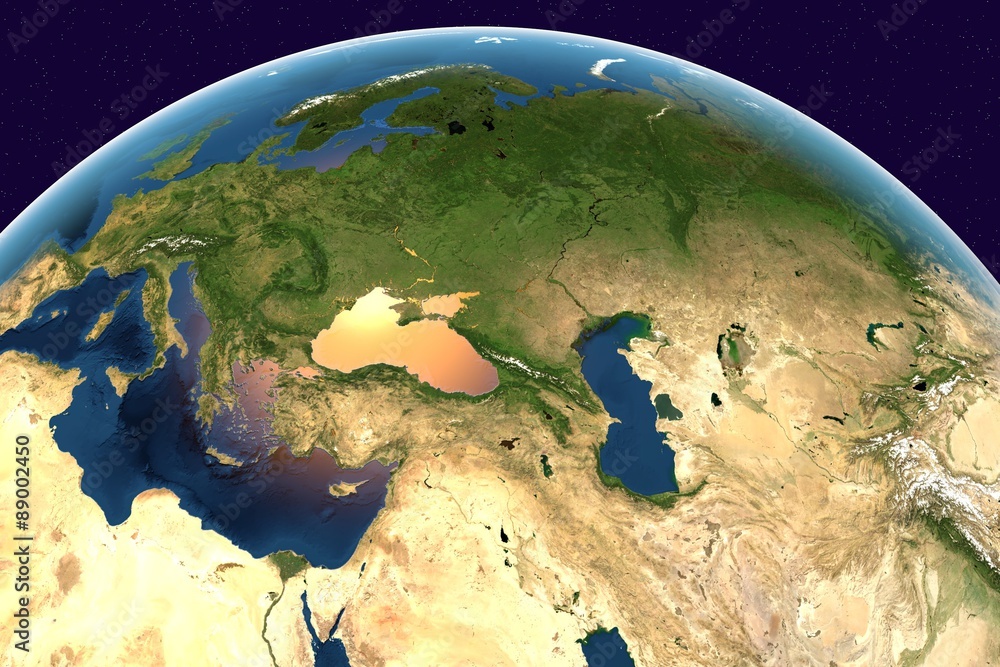 Planet Earth, the Earth from space showing Europe, Ukraine, Turkey, Black Sea, Bulgaria on globe in the day time, elements of this image furnished by NASA