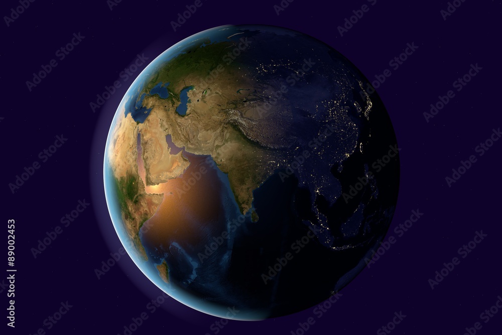 Planet Earth, the Earth from space showing India, Asia, India on globe in the evening, elements of this image furnished by NASA