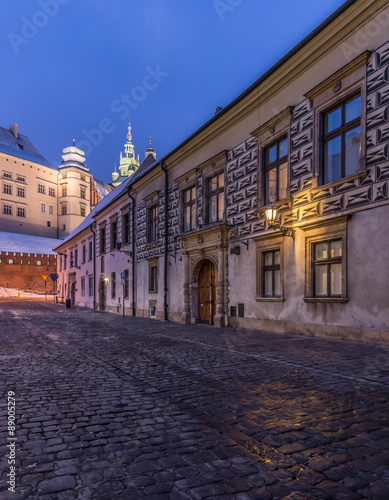 Krakow, Poland, Kanonicza street, part of the Royal Route, in the night, ending on the Wawel Hill with royal castle and cathedral. #89005279