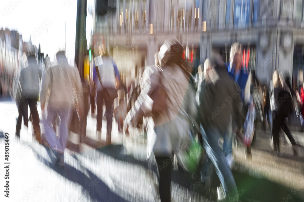Urban move, people walking in city, motion blur, zoom effect