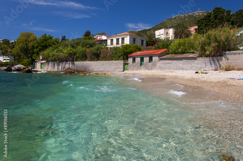 The cobalt blue Aegean sea and blue sky of Samos, Greece