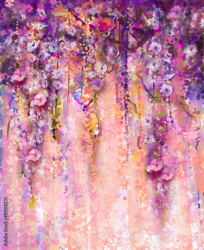 Fototapeta Abstract flowers watercolor painting. Spring purple flowers Wisteria with bokeh background.