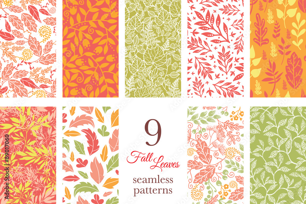 Vector Fall Leaves Nine Set Seamless Patterns