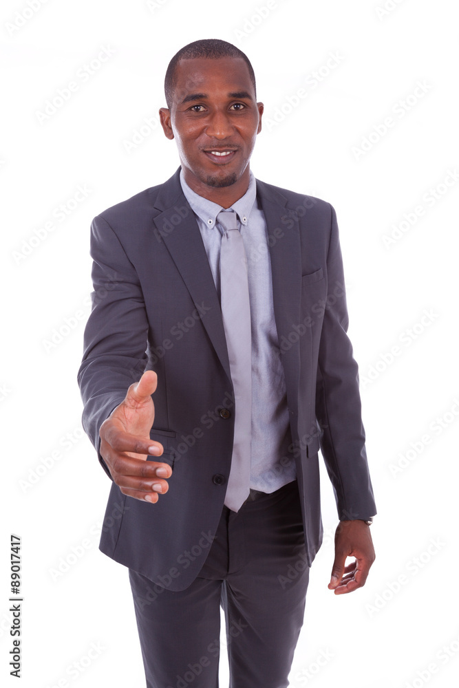 Portrait of a young African American business man greeting with Portrait of a young African American business man greeting with