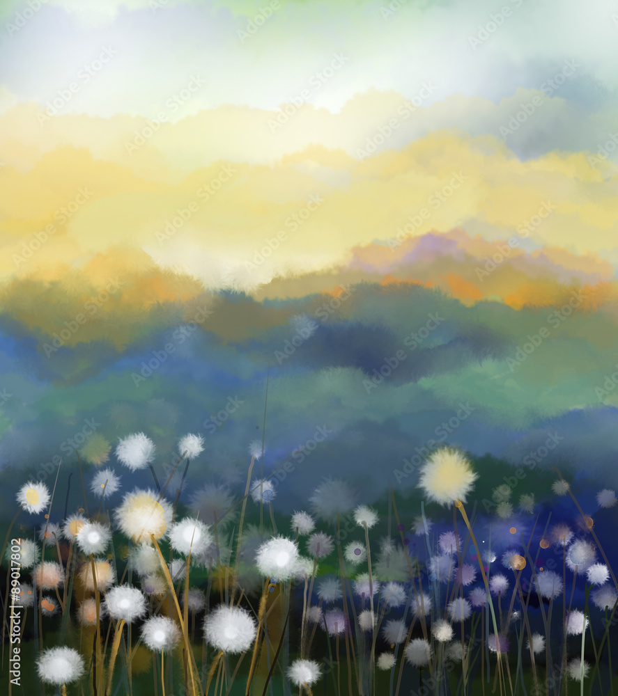 Obraz premium Streszczenie obraz olejny białe kwiaty pola w miękkim kolorze. Obrazy olejne biały kwiat mniszka lekarskiego na łąkach. Wiosną kwiatów sezonowych charakter z niebieskim - zielone wzgórze w tle.